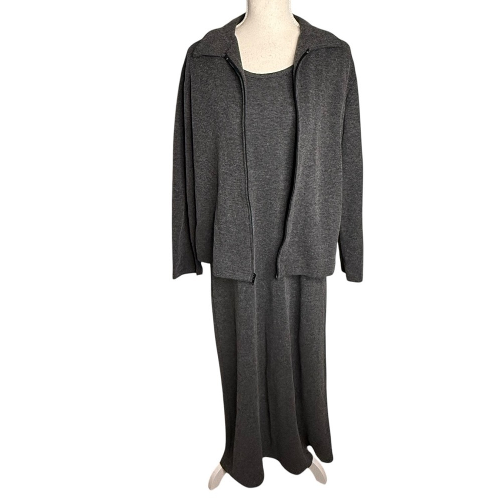 Comfy‎ USA Charcoal Gray Ribbed Knit Maxi Dress and Zip Cardigan Set 2 Piece